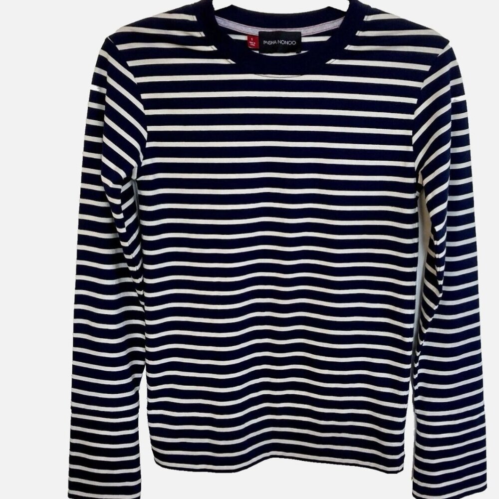 Misha Nonoo Navy/White Striped Long Sleeve Crew Neck Top Cotton/Rayon Blend S